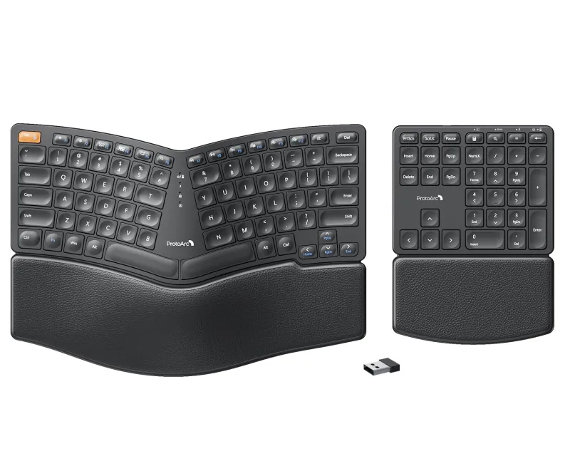 ProtoArc Wireless Ergonomic Keyboard, EK04 2.4GHz USB Wireless Ergo Keyboard with Separate Numeric Keypad, Split Design, Hard Wrist Rest, Rechargeable, for Windows PC/Laptop/Desktop